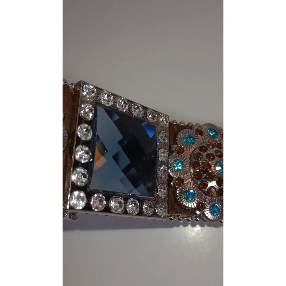 WB Atlas Brown Leather Blue Crystal Jeweled Western Belt Silver Buckle XL 48
